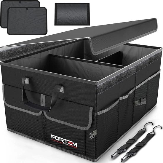 Organizzatore di Cassetta Portabagagli con Fondello Antiscivolo, Cinture di Fissaggio, Diversi Compartimenti e Borsa Opaca Ripiegabile per Auto, Casa, Viaggi