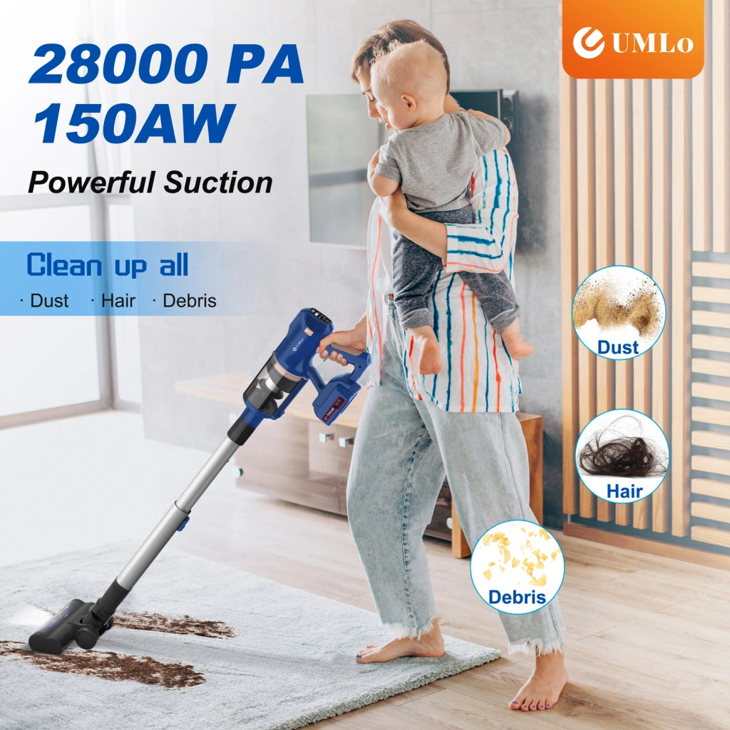 UMLo V11 Aspirapolvere Senza Fili Blu, 2-in-1 Mano e Pavimento, Filtrazione HEPA, Motore 300W, Batteria 4000mAh, Display LED