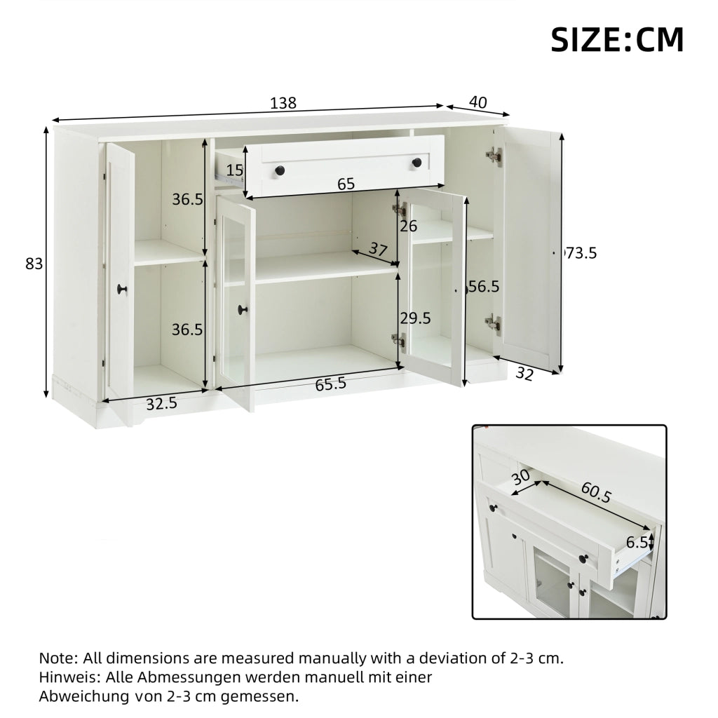Credenza a quattro ante, mobile da ingresso, 2 ante in vetro, con cassetti, 138 x 40 x 83 cm, bianca