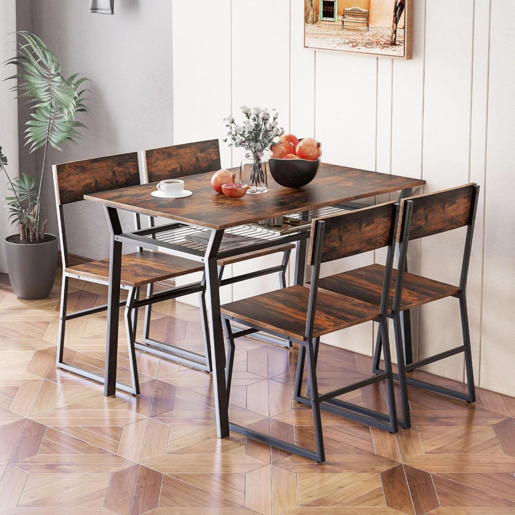Set da Tavolo e Sedie da Pranzo, Tavolo da Pranzo con 4 Sedie Industriale, Set 5 Pezzi Mobili con Mensola Portaoggetti e Telaio in Metallo, per Cucina Sala da Pranzo, 110 x 70 cm (Marrone)