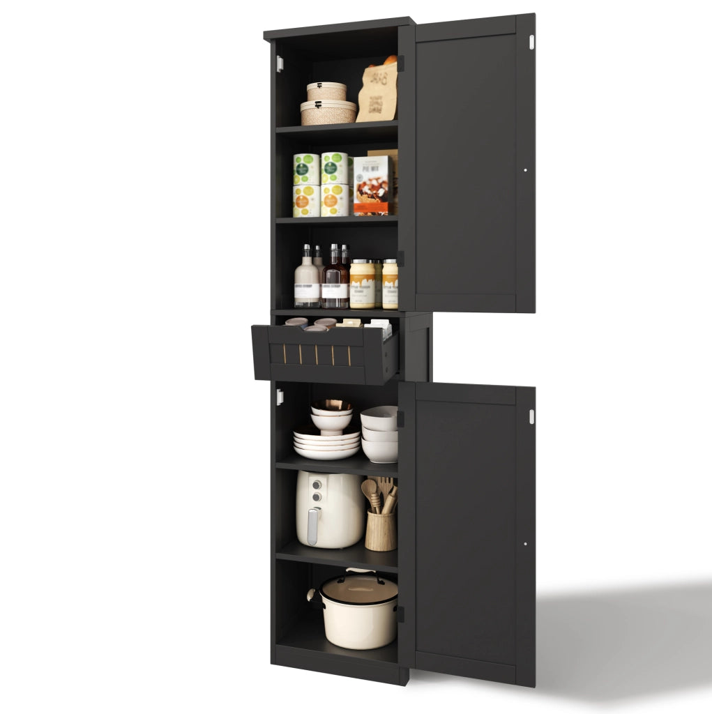 Mobile contenitore 170x40x30 cm in MDF nero con 4 ripiani regolabili e ante a griglia