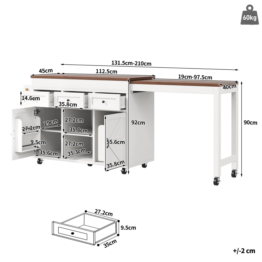 Tavolo da Pranzo Allungabile con Isola Cucina e Cassetti ¨C MINIMAL ¨C Bianco 131.5-210 cm