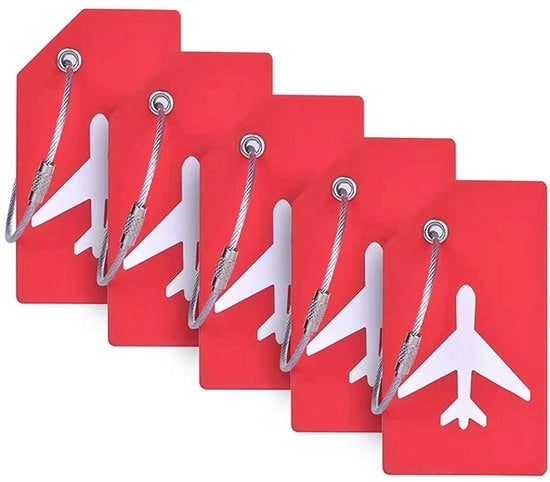 Set di 5 etichette di bagaglio in silicone con tessera di identificazione, etichette di bagaglio per valigie con cavi in acciaio inossidabile, etichette per borse a mano, colore rosso
