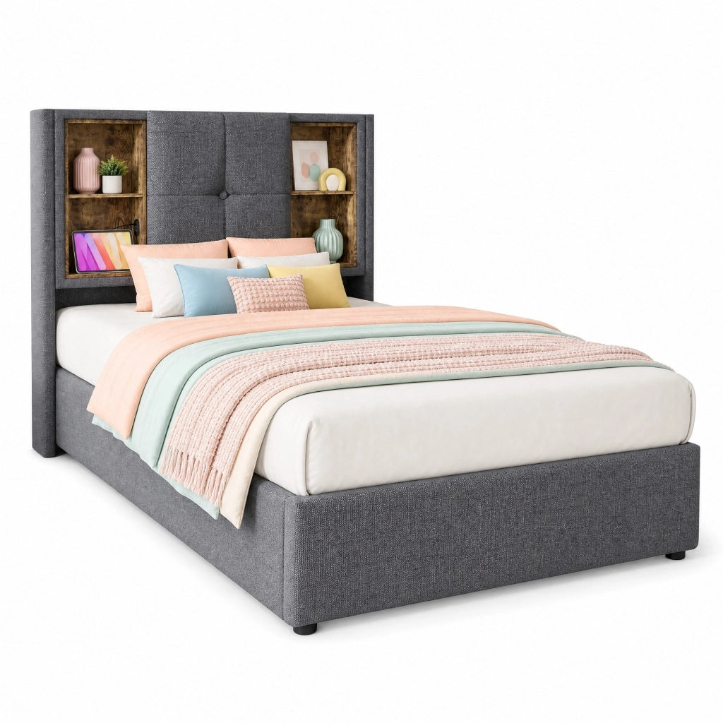 Letto singolo imbottito 90x200 cm grigio con ricarica wireless; USB e contenitore