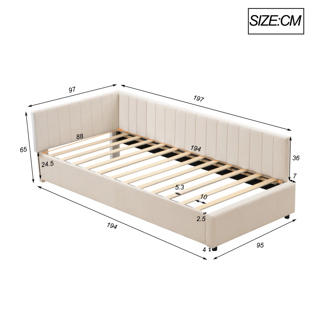 Letto singolo imbottito 90x200 cm in velluto beige con rete