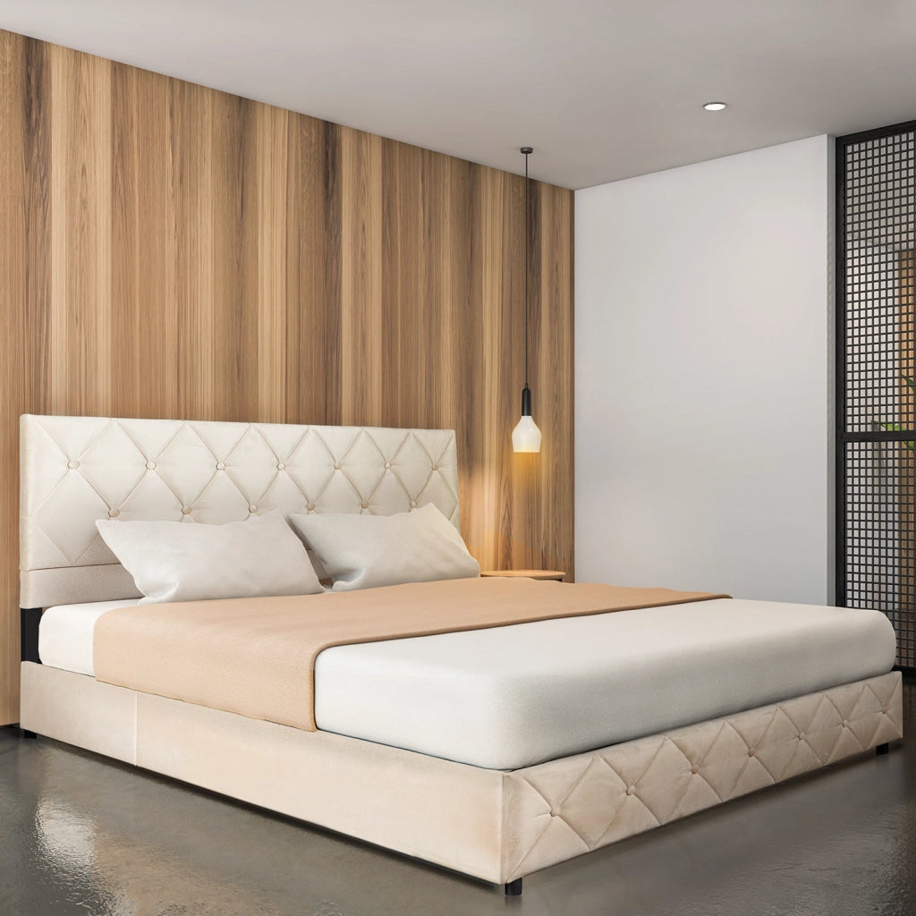 Letto matrimoniale imbottito 140x200 cm beige in velluto con rete a doghe e struttura in MDF, compensato e ferro