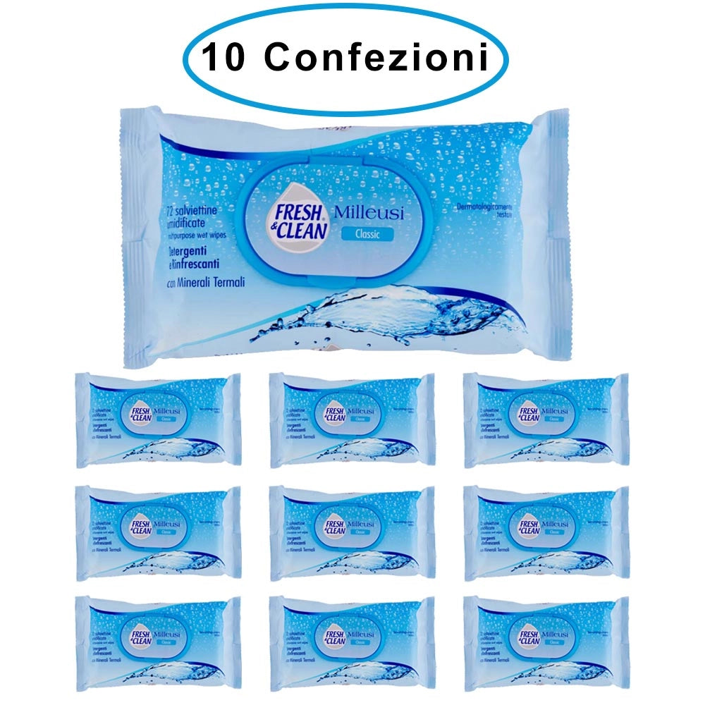 Fresh & clean salviette igienizzanti detergenti milleusi classic 10 confezioni da 72 salviette