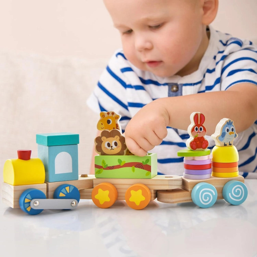 Set di Trenino Impilabile in Legno, Trenino Educativo in Legno Massello, Gioco Educativo in Legno per Bambini 3+ Anni
