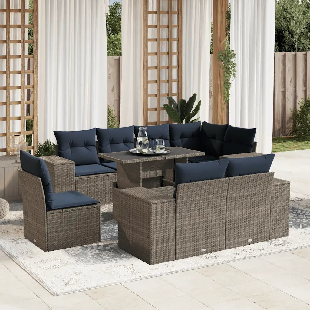 Set Divani da Giardino 9 pz con Cuscini Grigio in Polyrattan 3269301