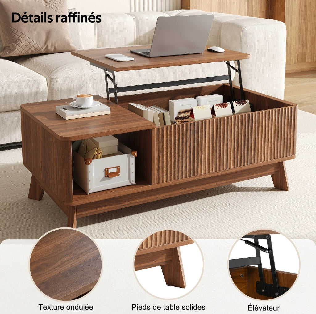 Tavolino da caffè sollevabile 95x48x50 cm in MDF effetto noce con vano laterale