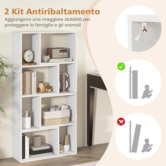 Libreria Geometrica a 4 Ripiani, Organizzatore Moderno con 8 Cubi, Mensola Espositiva a Pavimento, Mobile di Stoccaggio in Legno per Soggiorno Camera da Letto Studio, 60x20x120 cm (Bianco)