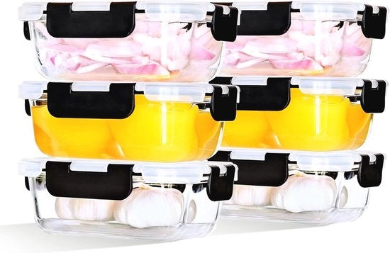 Set di contenitori in vetro con coperchio, 6 pezzi, compatti e liberi da condensazione - contenitori di stoccaggio per alimenti e pasti da 370 ml