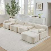 Divano angolare modulare 4 posti con pouf 384x167x70 cm in velluto beige