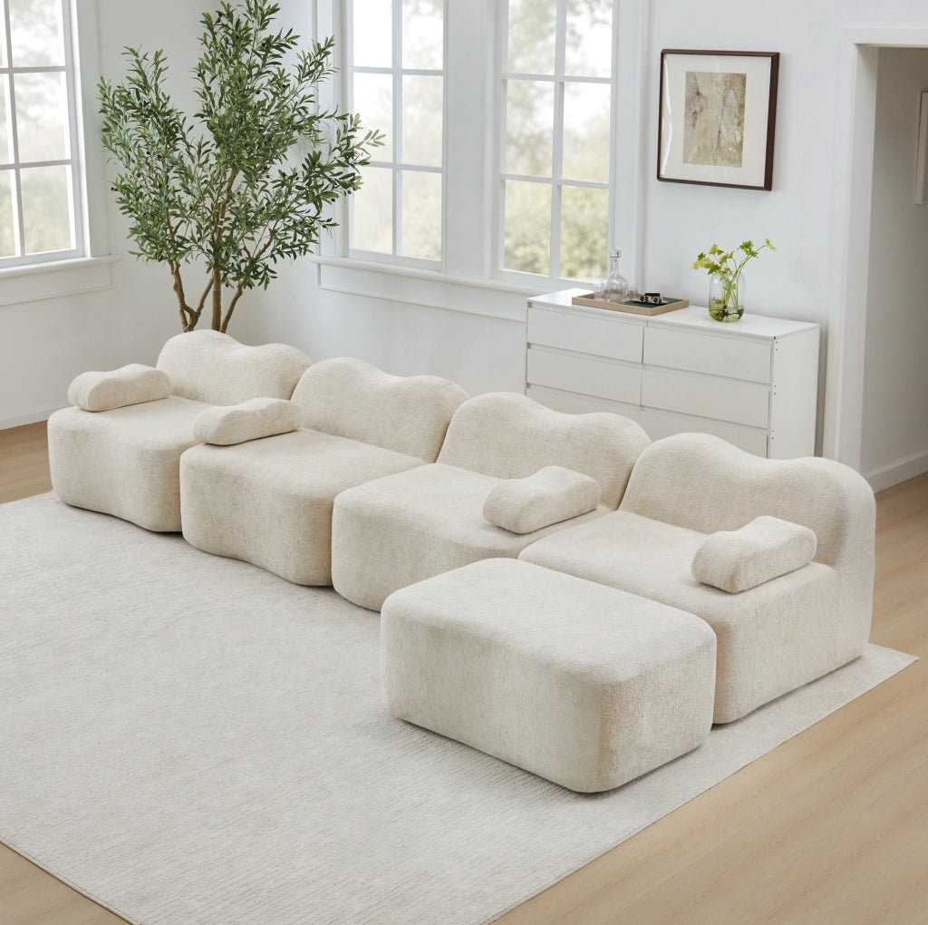 Divano angolare modulare 4 posti con pouf 384x167x70 cm in velluto beige