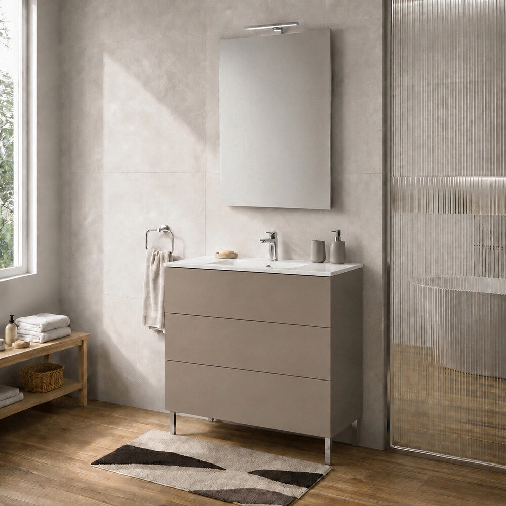 Mobile bagno a terra 100 cm tortora tre cassetti push-pull con lavabo Tierra