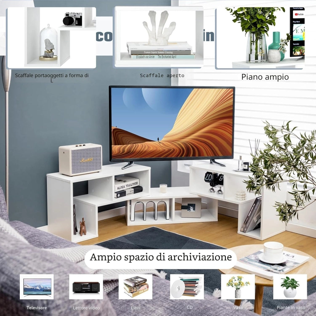 Mobile TV Soggiorno in Legno, Mobile Porta TV Liberamente Combinabile, per TV fino a 65”, Mobiletto TV Multifunzione con 6 Vani Aperti, 134 x 30 x 43 cm, Bianco (QE09327FQDE)