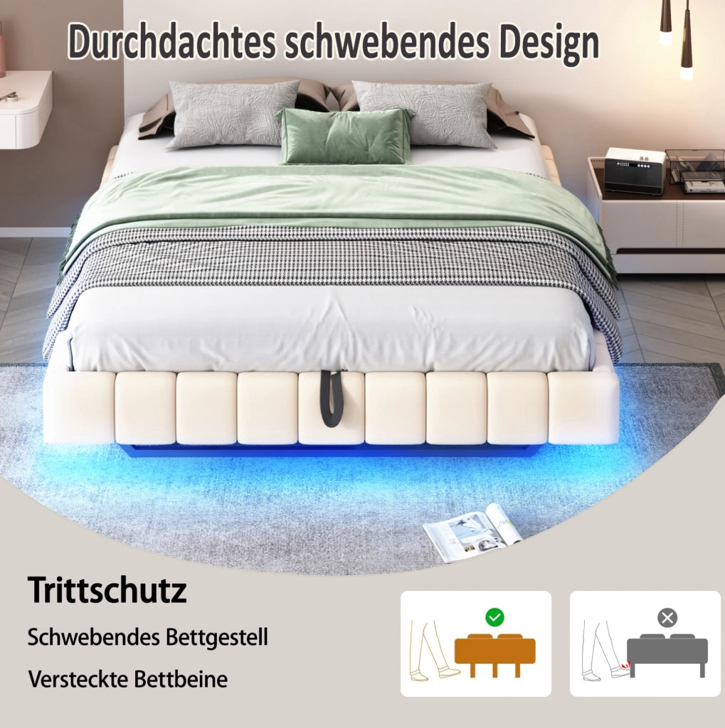 Letto matrimoniale imbottito sospeso 160x200 cm con LED beige