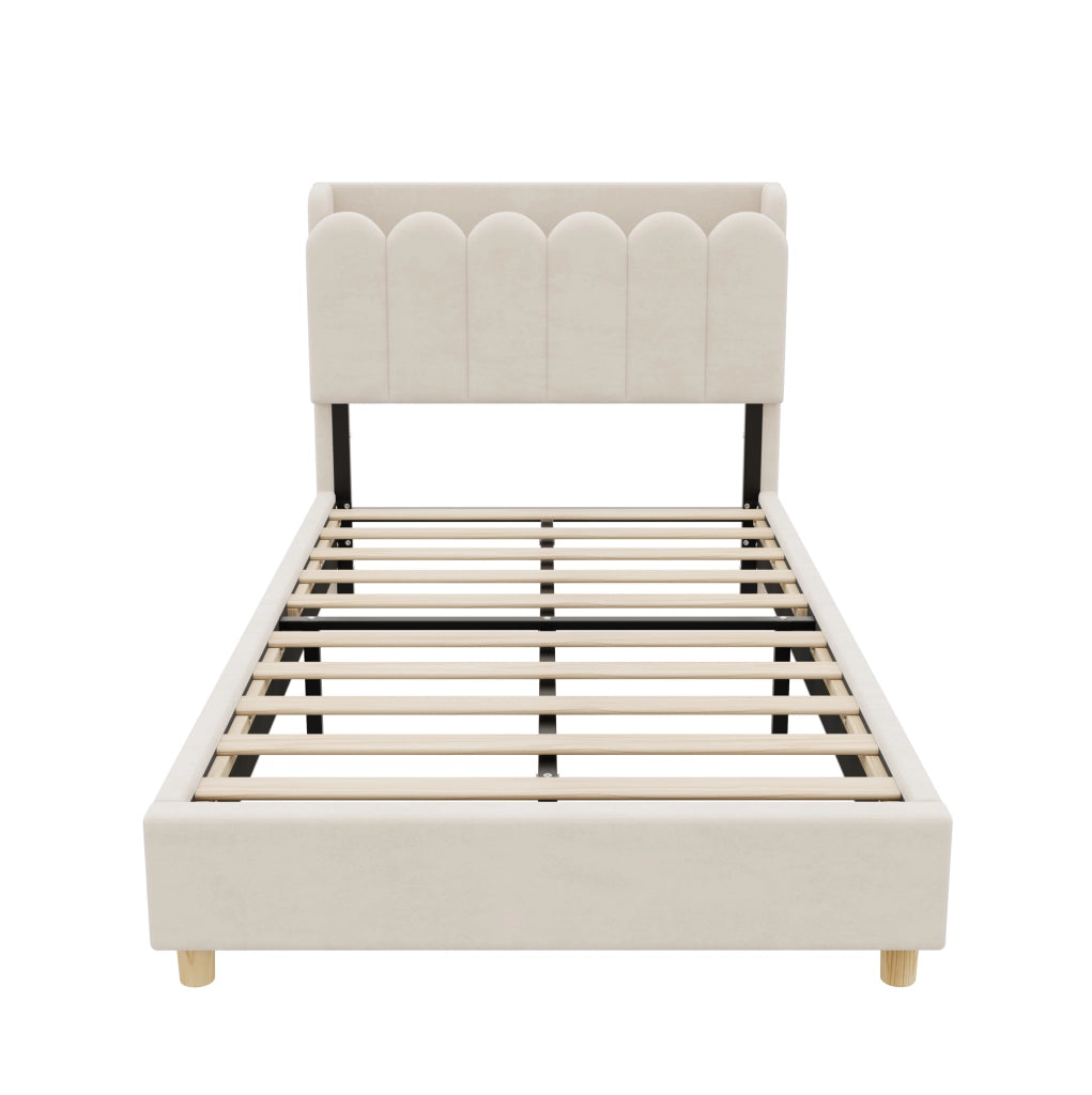 Letto imbottito per bambini 90x200 cm in velluto beige con rete a doghe; USB; Type-C e luce notturna
