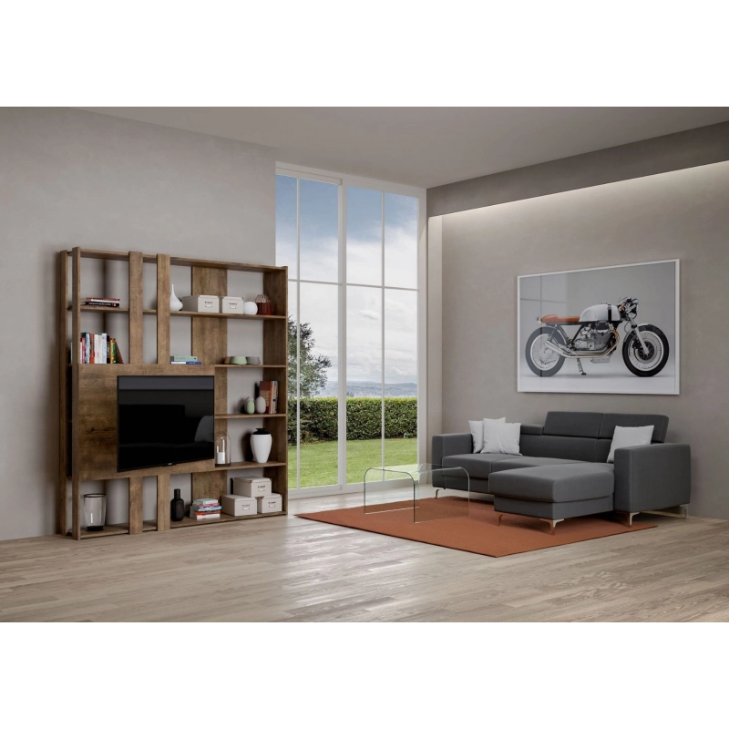 Composizione Libreria Kato 6R 2 fianchi 2 fasce lunghe 2 fasce corte 2 fasce medie pannello TV - Noce,M