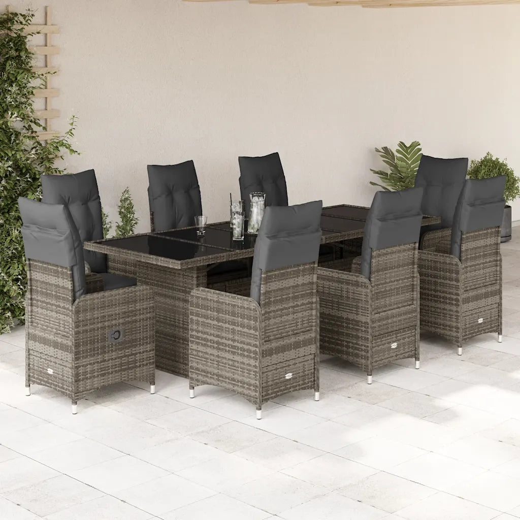 Set BistrÃ² da Giardino 9 pz con Cuscini in Polyrattan Grigio