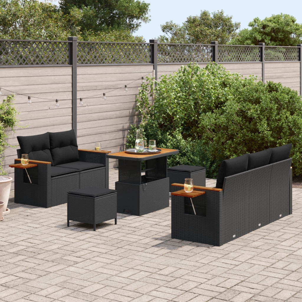 Set da Giardino  da 8 Pezzi con Cuscini Nero Rattan Polimerico Acacia