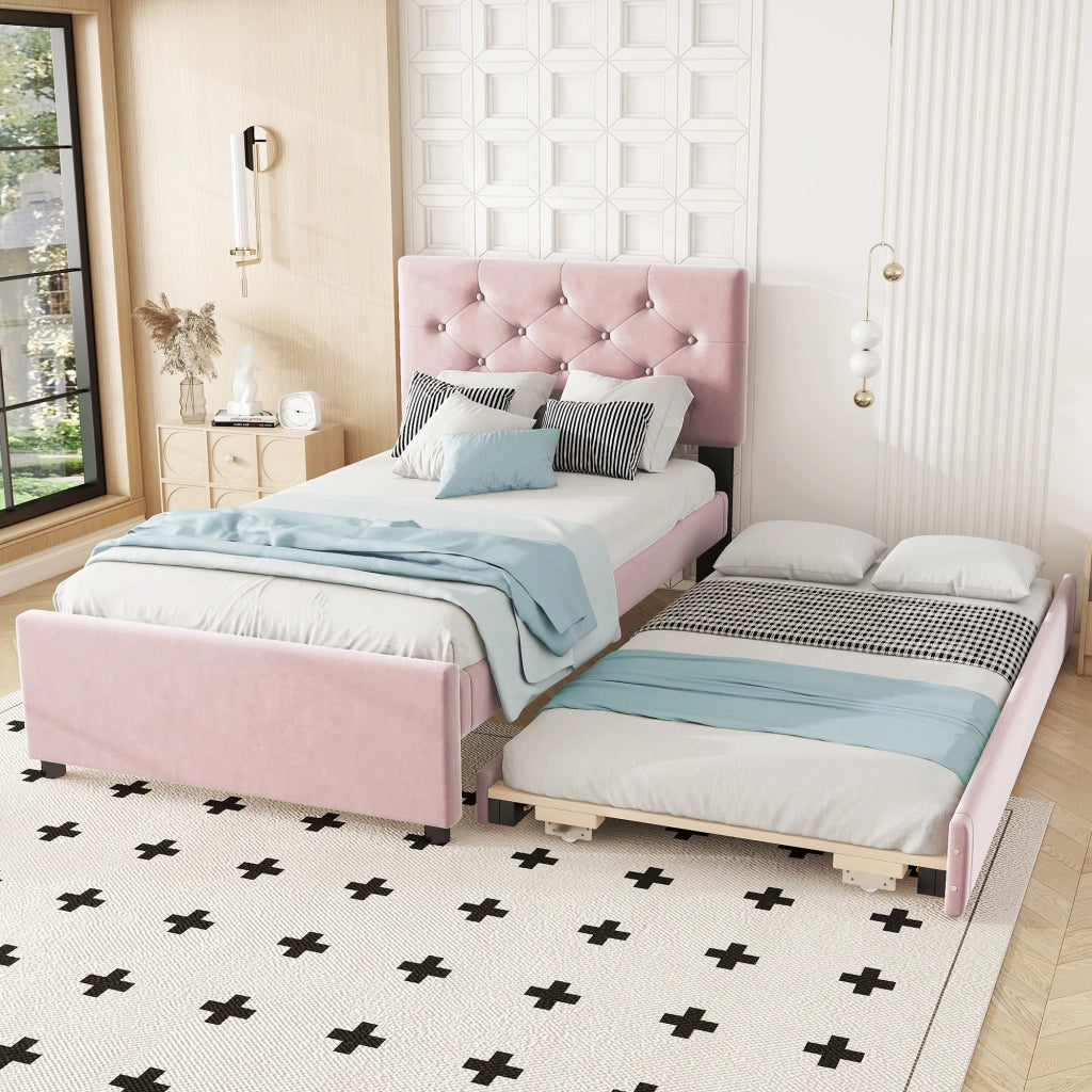 LETTO Imbottito 90x200 cm Velluto Rosa con letto estraibile e rete a doghe