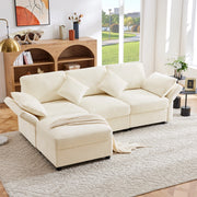 Divano angolare modulare 3 posti con pouf; in tessuto chenille beige; 218x156;5x86 cm