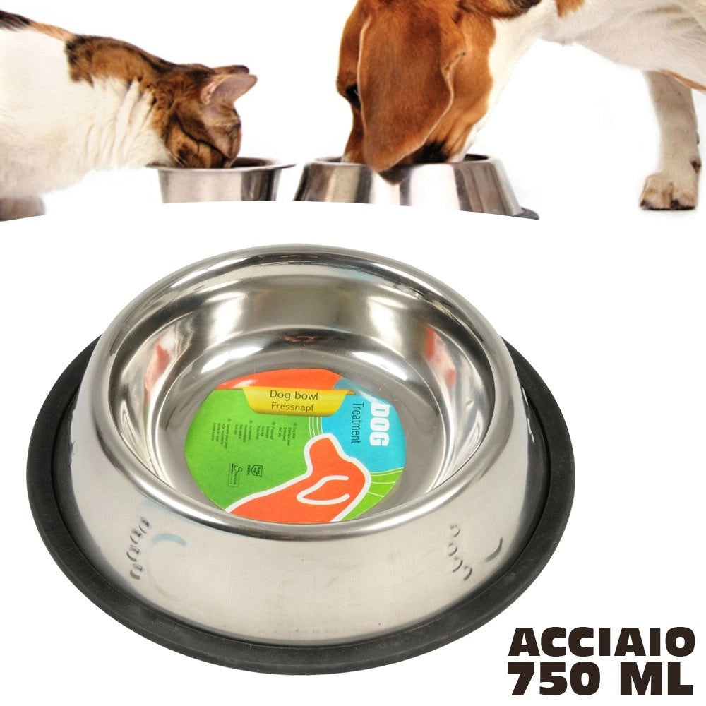 Trade Shop - Ciotola Per Cani Gatti In Acciaio 23 Cm Antiscivolo Per Cibo Acqua Crocchette -