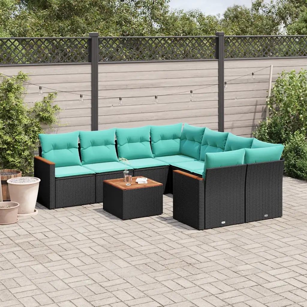 Set Divani da Giardino 9 pz con Cuscini Nero in Polyrattan 3225826