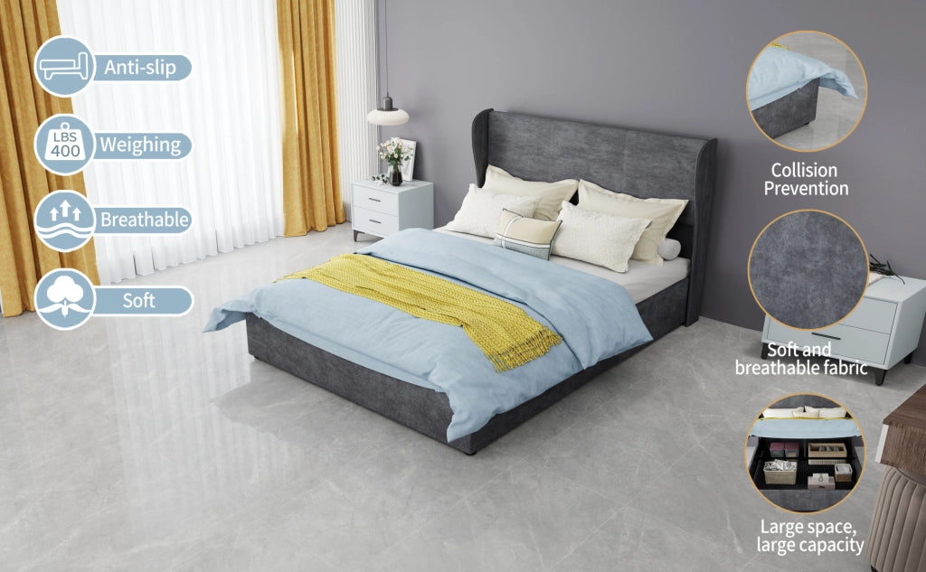 Letto imbottito ULEVR 140x200 cm con contenitore a gas e testiera in velluto grigio