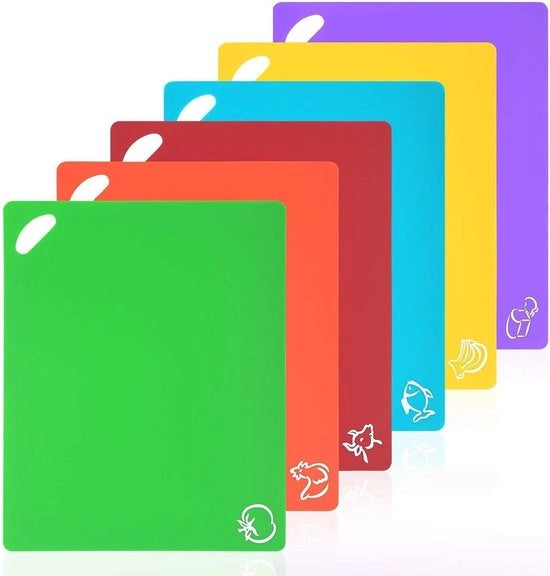 Set di Snijplanken Flexibili 6 pezzi | Snijplanken di Plastica Flessibili | Mattonelle Colorate con Pictogrammi Alimentari | Antiscivolo e Lavabile in Lavastoviglie | Senza BPA