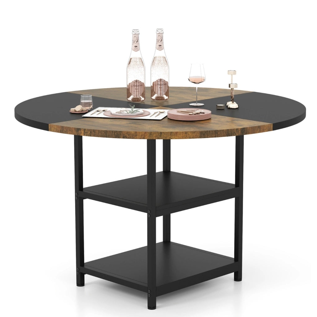 Tavolo da pranzo rotondo da cucina in legno diametro design bicolore a blocchi-Tavolo ripiani portaoggetti e gambe in metallo