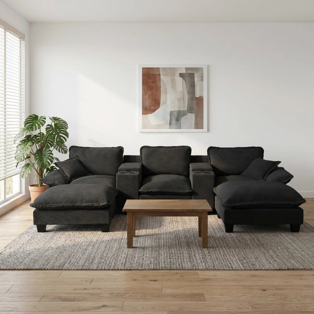 Divano modulare a U Cloud in chenille nero con portabevande, porta USB, 2 pouf e 2 cuscini, 323x155x90 cm
