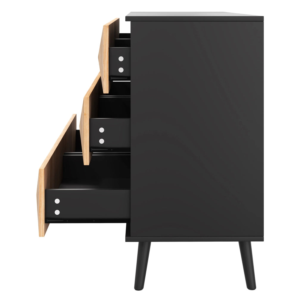 Sideboard moderno con 6 cassetti nero e effetto legno 120x40x85 cm
