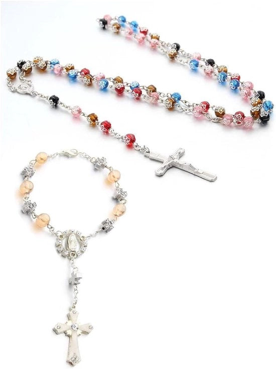 Due pezzi di bracciale a forma di croce perla rosa regalo cattolico unisex - regali per Pasqua, Thanksgiving, Natale