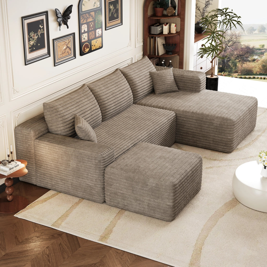 Divano ad angolo in tessuto con schiuma ad alta elasticità e montaggio facile, stile moderno, per soggiorno, cammello