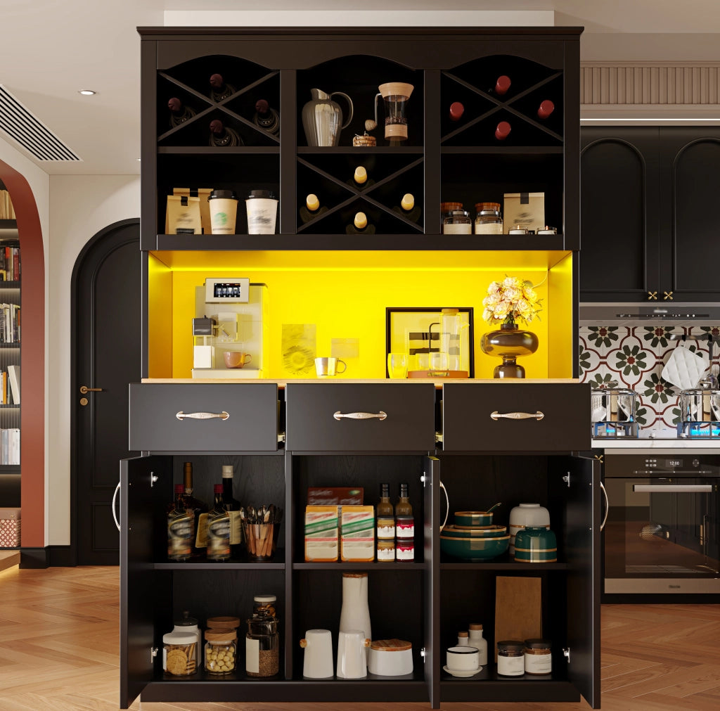 Credenza da cucina nera con LED, 3 ante e 3 cassetti
