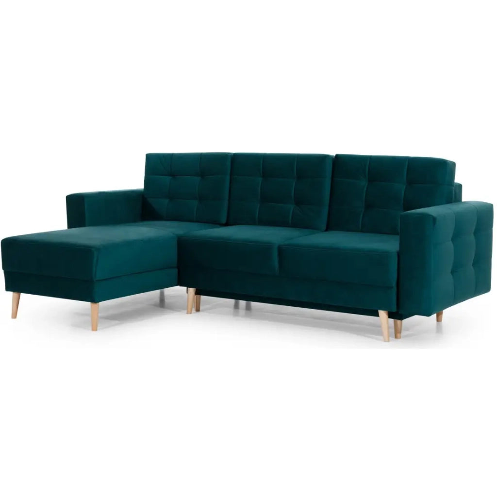 Divano letto angolare HASGARD 3 posti verde scuro 248x162 cm – con baule e piedi in legno
