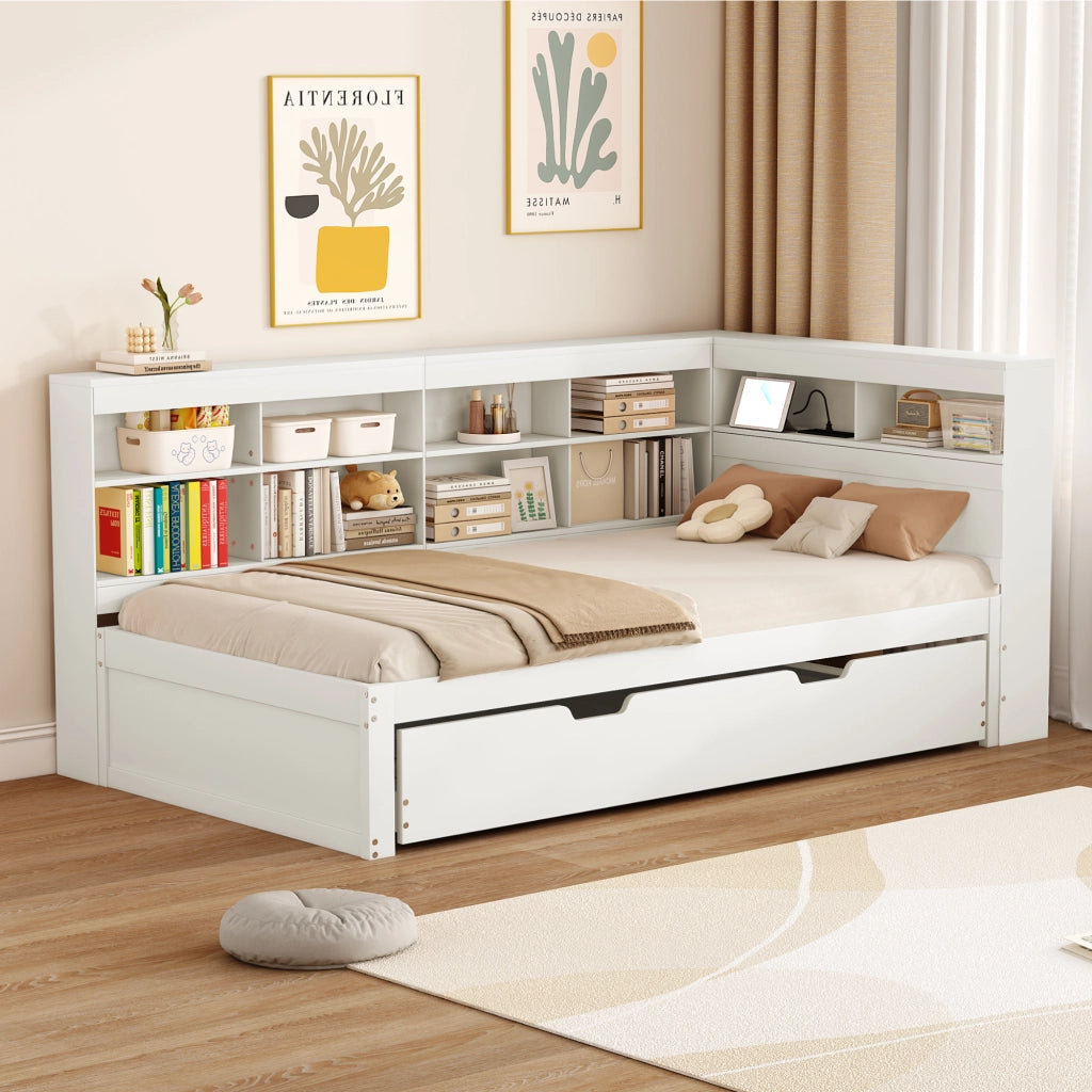 Letto estraibile singolo 90×200 cm con USB e vani portaoggetti; senza materasso; legno; bianco