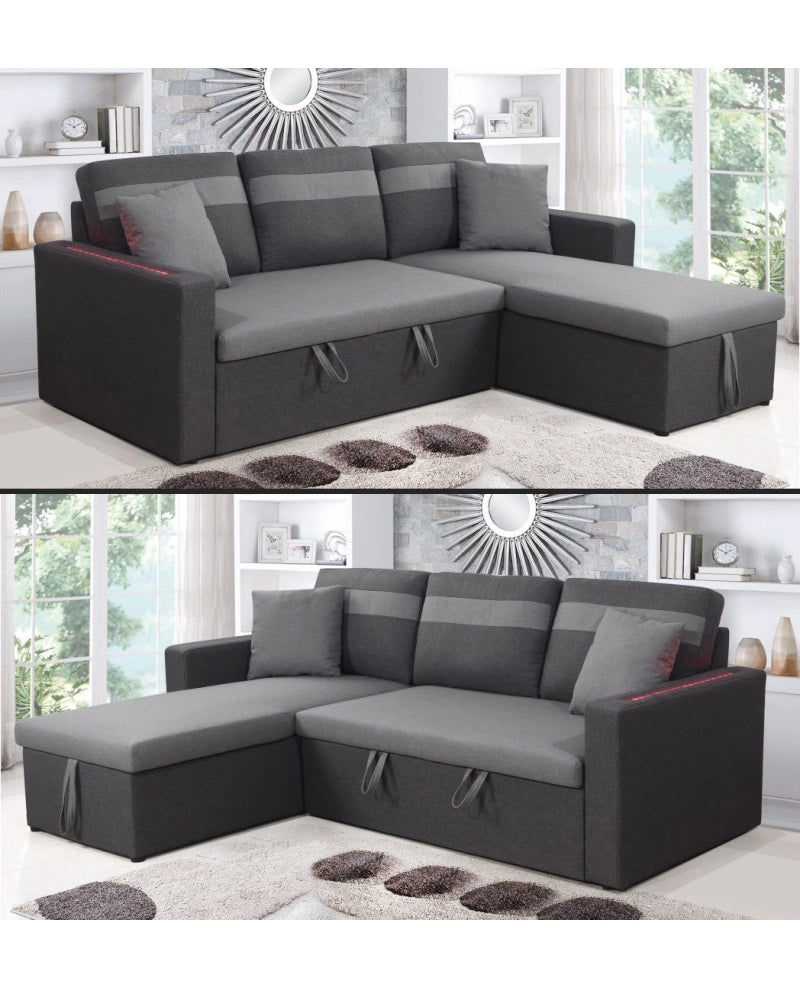 Divano letto contenitore, reversibile angolare, led, microfibra grigio chaise longue Sicorage Tuky