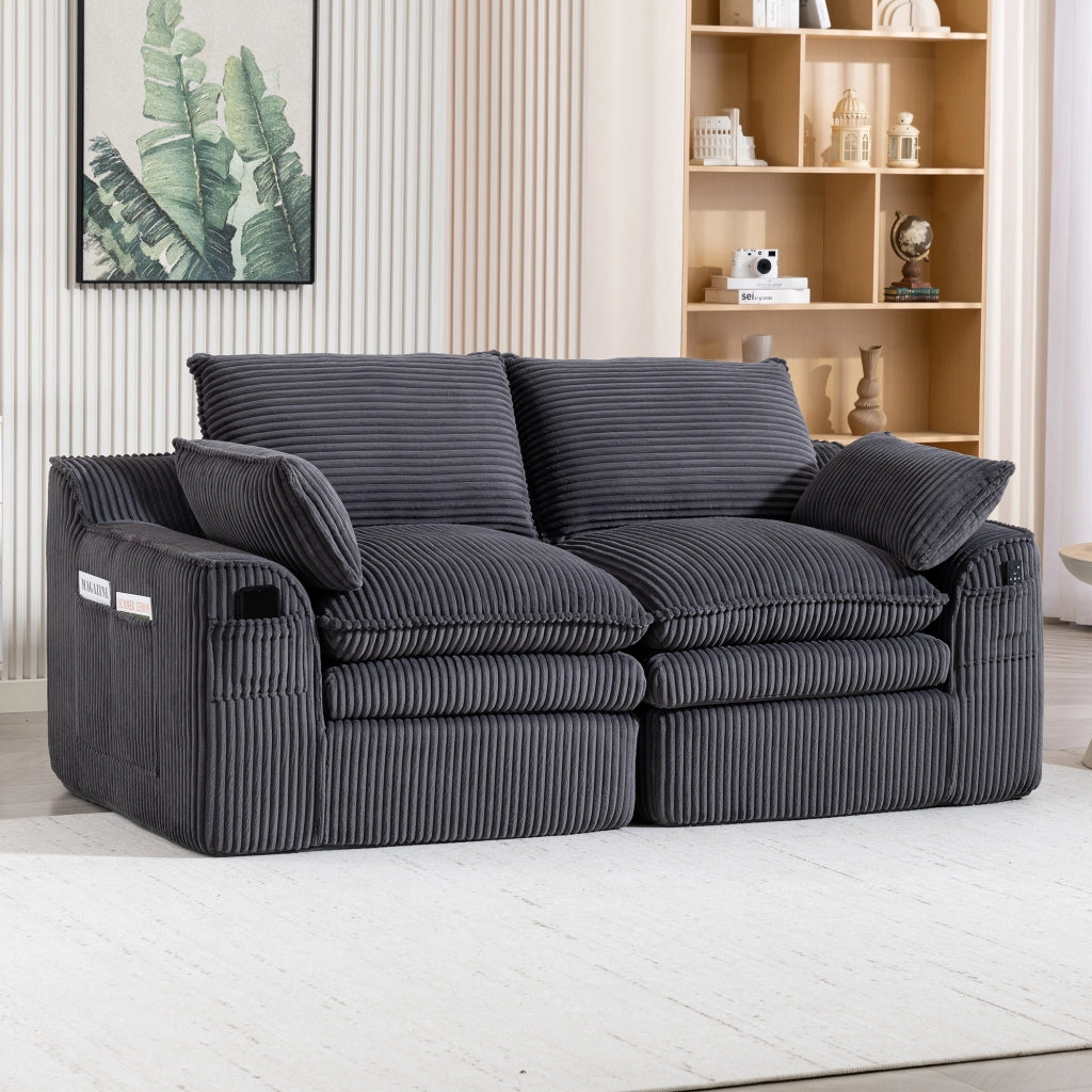 DIVANO 2 posti 191x94x85 cm in corduroy grigio scuro con cuscini e tasche laterali