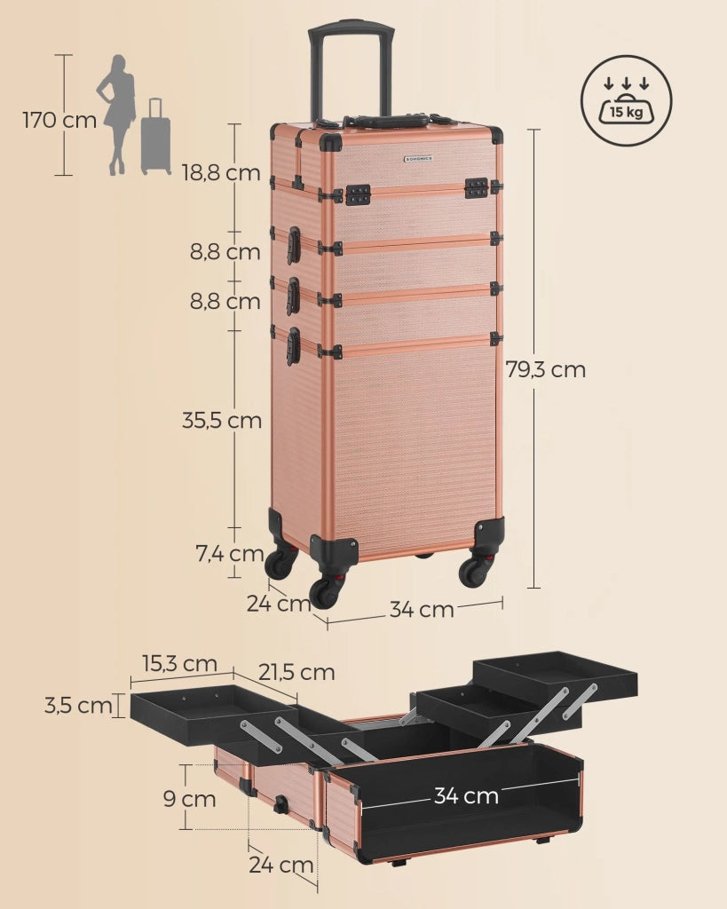 Valigetta per il trucco professionale 4 in 1 beauty case XXL (34 x 24 x 79,3 cm) con serratura ruote a 360° per viaggi manicure trucco parrucchiere rosa 12_0007834