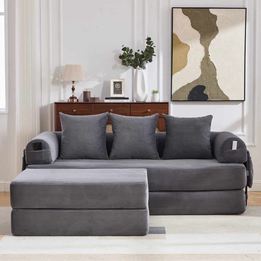 Divano Modulare con Poggiapiedi ¨C Xylo ¨C Tessuto Cord, Grigio Scuro, Cuscini, Braccioli