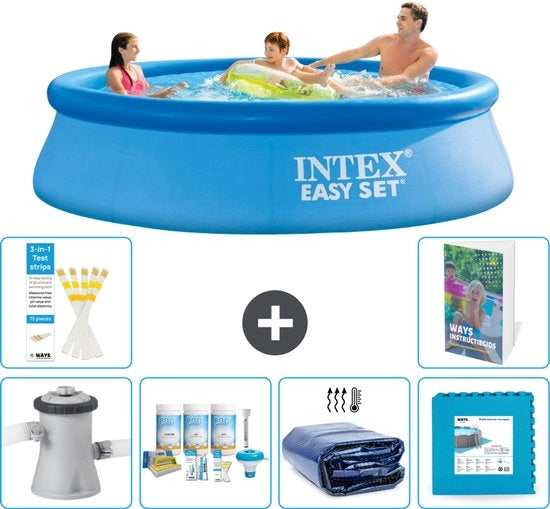 Piscina Rond Opblaasbar Easy Set - 305 x 76 cm - Blu - Inclusa Pomp Kit di Manutenzione - Ombrellone Solare - Paving - 7 pezzi
