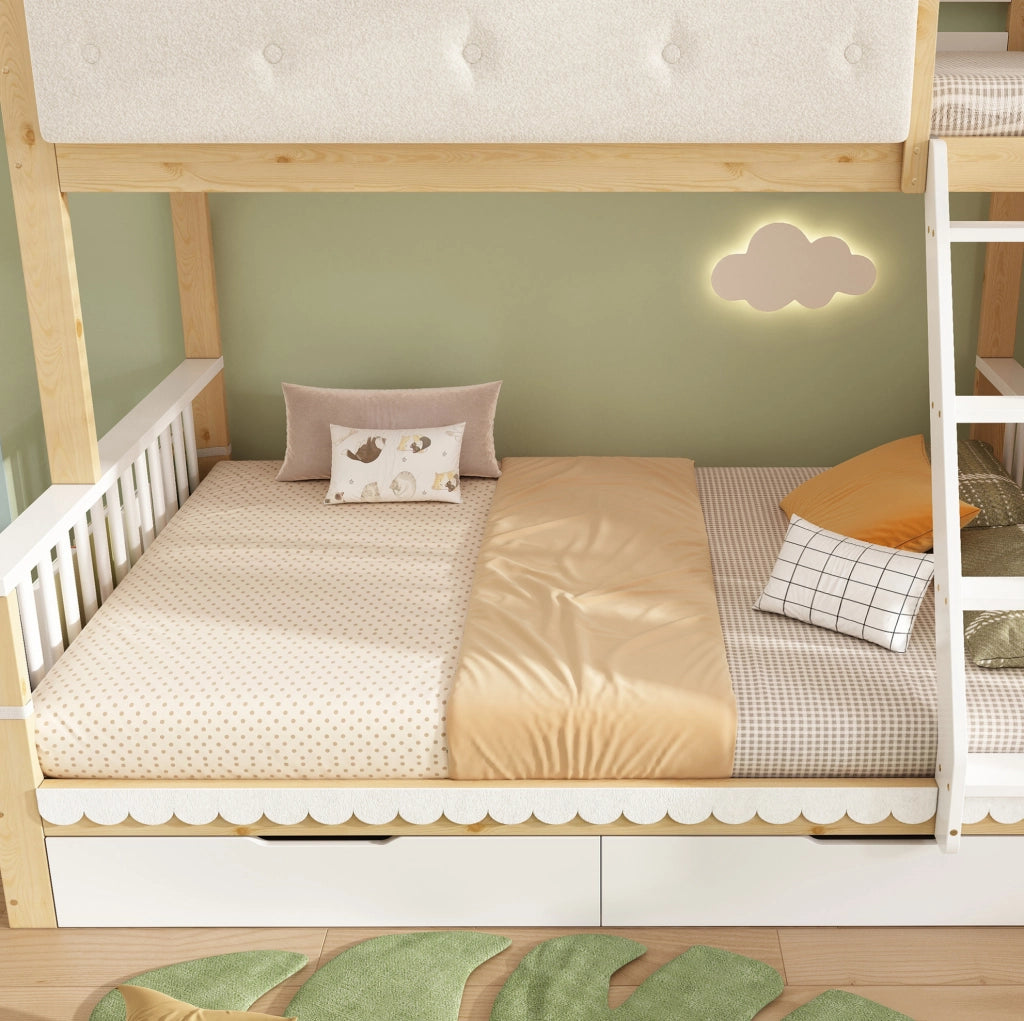 Letto a castello bianco e color rovere 90x200/140x200 cm con 2 cassetti e portariviste