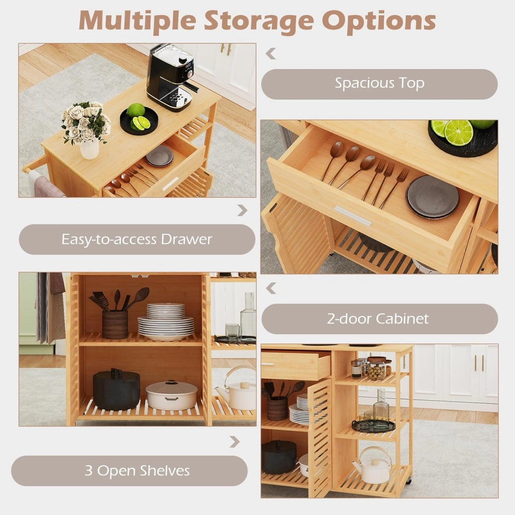 Carrello da cucina con ruote, isola cucina con cassetti, porta asciugamani, scaffali aperti, carrello da servizio, carrello in legno, carrello da cucina, 104 x 40 x 89 cm