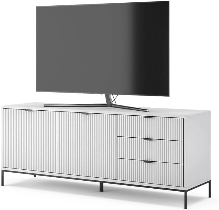Lavagna Eliza, Bianco, 150 x 60 cm con 3 cassetti, 2 ante, utilizzabile come supporto TV e per la conservazione
