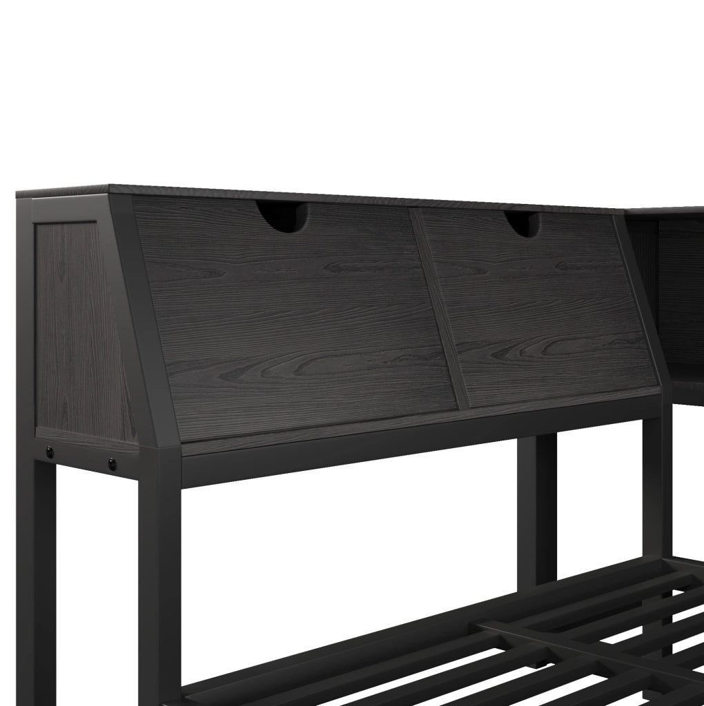 Letto 90x200 cm con scrivania, 2 cassetti, LED e testiera contenitore in MDF e metallo nero