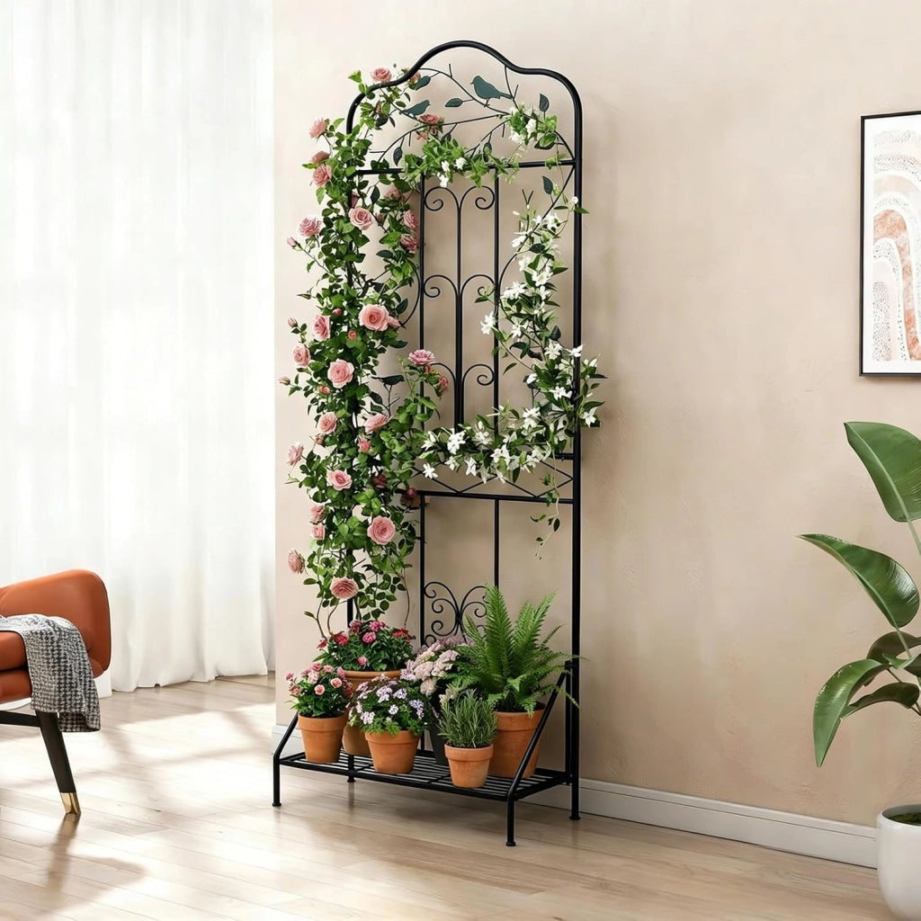 Traliccio per Rampicanti Metallo con Ripiano Pieghevole, Graticcio per Piante da Esterno, Griglia per Piante Rampicanti per Giardino, Cortile e Patio, 50 x 30 x 189,5 cm (Nero,2)