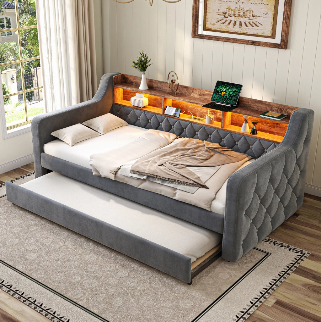 Divano letto 90x190 cm estraibile con contenitore in velluto grigio scuro